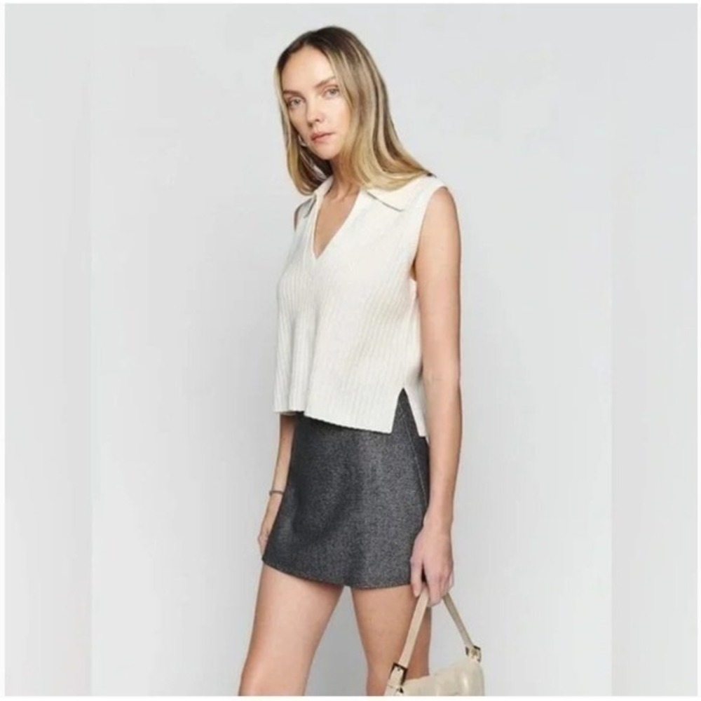 Reformation Sydney Cashmere Collared Sweater Ribbed V Neck Ivory Size Large - Picture 2 of 7